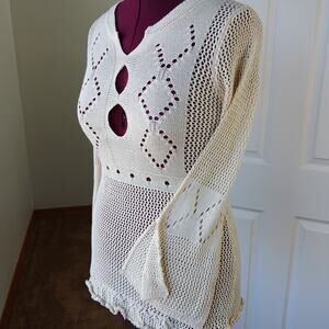Repaired Lightweight Knit Top Swim Cover M / L long bell sleeve Hi-Lo upcycled